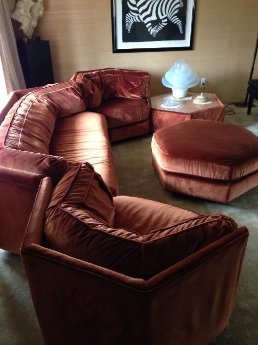 BERNHARDT FLAIR VELVET MID CENTURY MODERN MODULAR / SECTIONAL SOFA - PIECES ARE FREE FLOATING AND CAN BE MOVED ANYWHERE IN A ROOM - $2,000 OR BEST OFFER. 