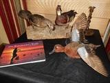 Great Room:  A pair of Wood Ducks on a limb; one Cinnamon Teal duck; and a waterfowl book.