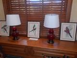 Kitchen:  Three framed colorful bird lithographs.  Pair of "Sangue de Boeuf" style lamps.