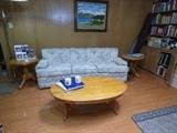 oak coffee table, matching side tables, sofa
