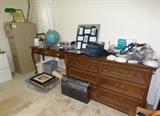 dresser, sofa table, office equipment, frames, file cabinet, video camera