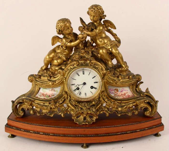 2001 - 19th Century French Gilt Bronze Clock with Cherubs and Sevres Plaques