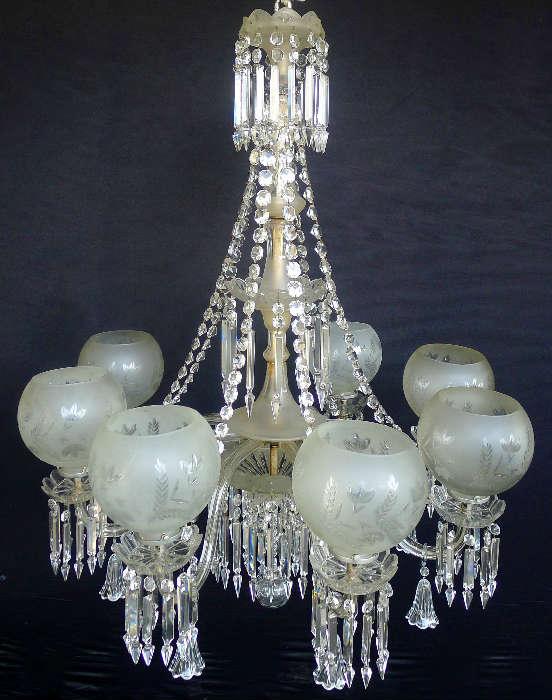 2064 - The Most Magnificent Eight Arm Cut Crystal and Satin Glass Gasolier, 4 Ft. H, 3 .5 Ft. W