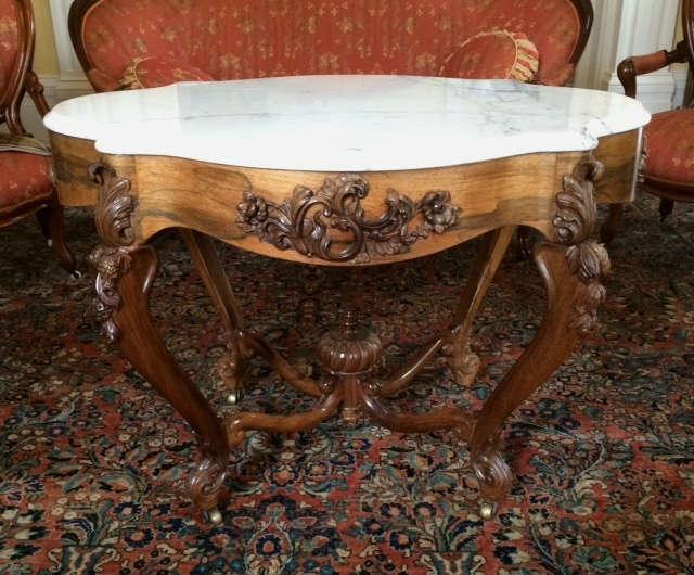 1001 - Rosewood turtle top rococo center parlor table with white marble top, att to Meeks, 28 in. T, 41 in. W, 32 in. D.