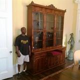 1002 - Burl walnut Vctorian 3 drawer breakfront, 3 pc, 8 ft 9 in. T, 76 in. W, 21 in. D.