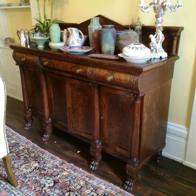 1004 - Mahogany Empire sideboard with claw feet, excellent condition, 57 in. T, 72 in. W, 24 in. D.