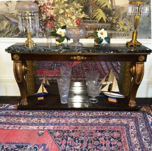 1009- Empire French console table with gold supports, very thick green and black marble, 38.5 in. t, 76 in. W, 20 in. D.