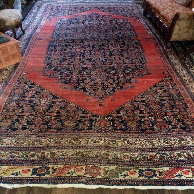 1010 - Signed  Persian antique rug, peach, blue and green, 17 ft 9 in L, 11 ft 4 in. W.