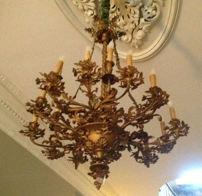 1013 - Early French bronze chandelier, very ornate, 67 in. T, 32 in. W.