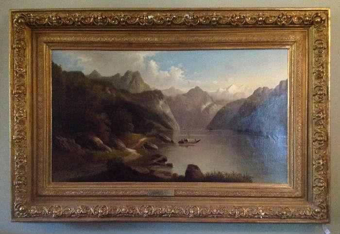 1018 - Oil on canvas of a mountain scene, attr. To C. Heydend Hall, ca. 1880, 48 in. T, 72 in. L.