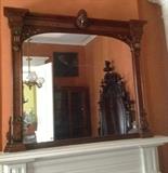 287 - Herter Brothers over the mantle mirror with goddess Minerva carved crown, walnut with gold incising, mint condition. 62.5 in. T, 71 in. W, ca. 1865