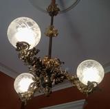 1032 - Very early bronze Victorian gasolier with original shades, ca 1850, 78IN L, 27IN W