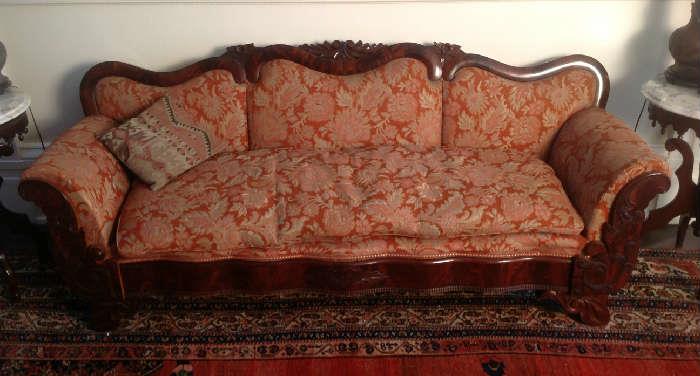 1048 - Mahogany Empire sofa with floral and rust upholstery, ca 1850, 33IN T, 81IN W, 26IN D