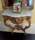 1064 - Victorian gold tall pier mirror with marble top stand, mirror 105IN T, table 31IN T, 30IN W, 16IN D