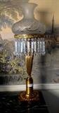 1053 - Early brass Argand lamp in sombra style with prisms, 33IN T, 12IN D