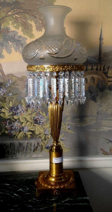 1053 - Early brass Argand lamp in sombra style with prisms, 33IN T, 12IN D