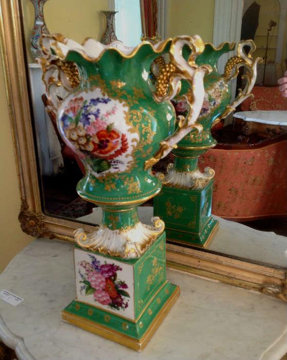 1065 - Old Paris vase, trophy vase style, green with flowers, 20IN T, 13IN W