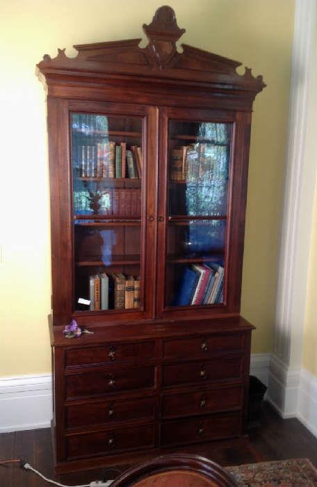 1075 - Walnut Victorian bookcase with eight drawers in bottom with burl trim and original pulls, 8FT8IN T, 50IN W, 21IN D