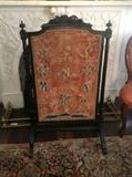 1068 - Black lacquer walnut fire screen with needlework screen insert and hand carved, 44IN T, 26IN W