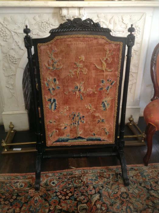 1068 - Black lacquer walnut fire screen with needlework screen insert and hand carved, 44IN T, 26IN W