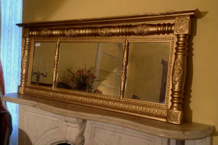 1136 - Period Empire triple section over the mantle mirror, 25IN T, 64IN W, 3IN D