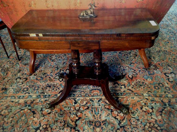 1076 - Mahogany Federal game table with brass claw feet and banded top, needs repair, 27IN T, 35IN W, 17IN D