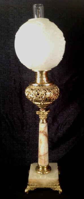 1147 - Oversize banquet lamp with onyx shaft, has slight damage, 39IN T