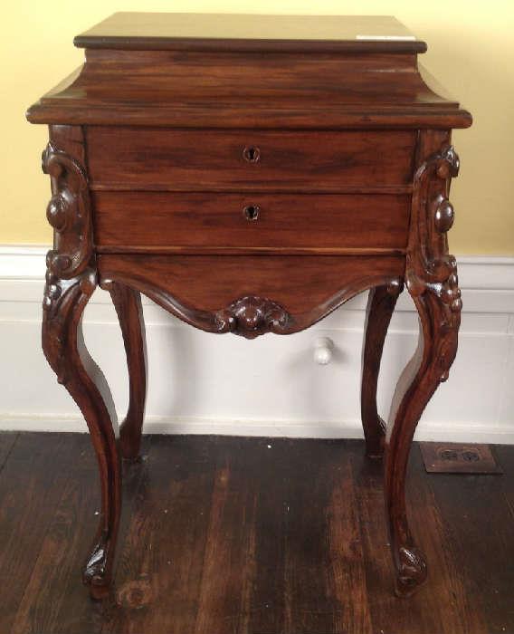 1144 - Rosewood period sewing stand in original finish with birdseye interior, att to J.H. Belter, 31IN T, 20IN W, 25IN D