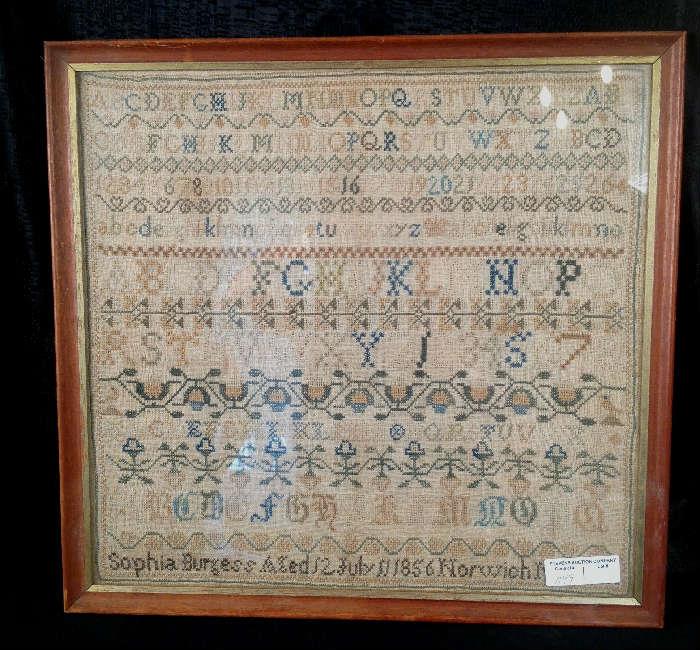 1149 - Period sampler done by Sophia Burgess at age 12, ca 1856, 21 X 22