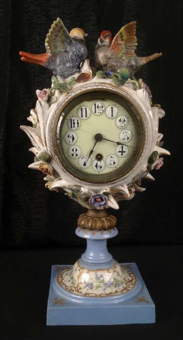 1153 - Old Paris clock very ornate with birds and porcelain dial, 10IN T, 8IN W