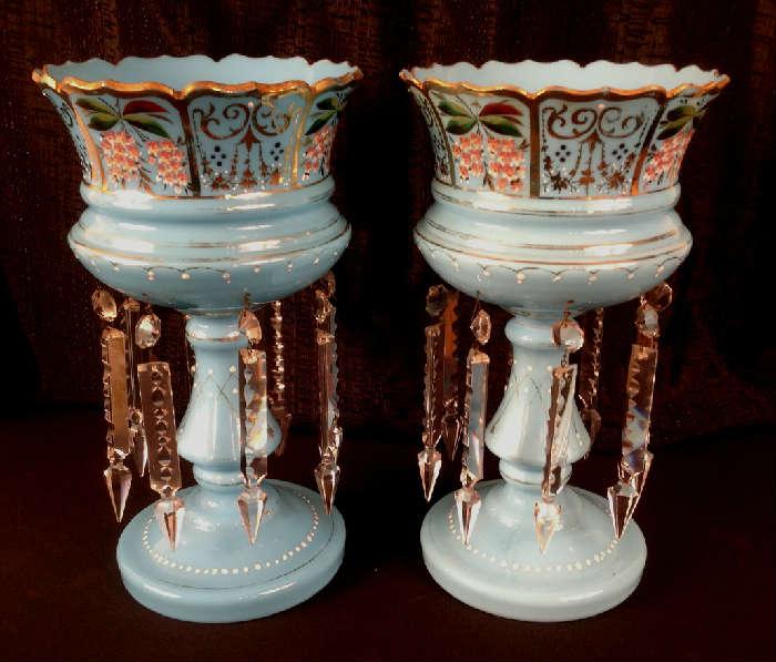1154- Matched pair of rare blue Victorian mantle lusters with excellent enamel, 12IN T, 7IN D