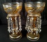 1156 - Unusual match pair of amber cut to clear mantle lusters in mint condition, 12IN T, 6IN D