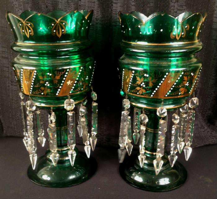 1159 - Match pair of green Victorian lusters with double prisms and gold enamel, 14IN T, 7IN D