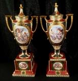 1157- Match pair of Royal Vienna urns with classical scenes and lids in excellent condition, 17IN T, 8IN  H-S