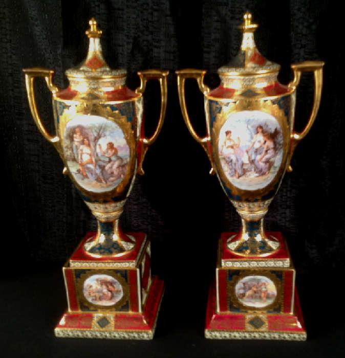 1157- Match pair of Royal Vienna urns with classical scenes and lids in excellent condition, 17IN T, 8IN  H-S
