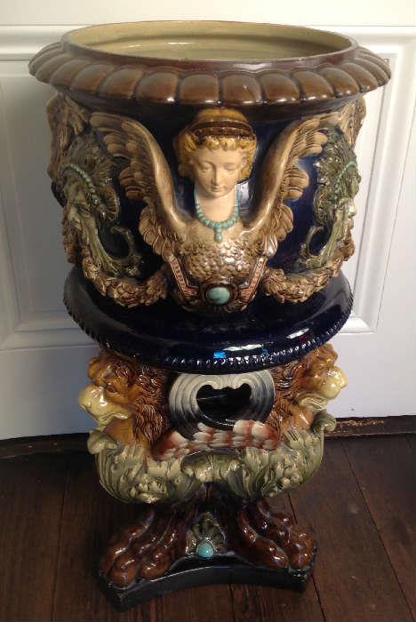 1165 - Early Majolica Jardiniere and pedestal with lyons, angels, and claw feet, 32IN T, 16IN W