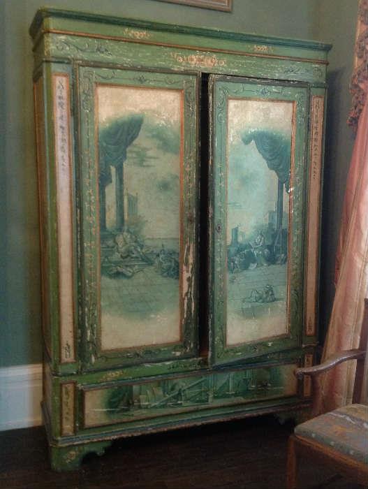 1170 - Shabby chic wardrobe, green handpainted with Roman scenes, 86IN T, 61IN W, 20IN D
