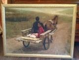 1168 - Oil on canvas of man and girl in a wagon, 24 X 33