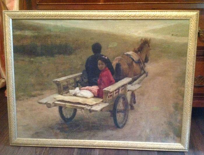 1168 - Oil on canvas of man and girl in a wagon, 24 X 33