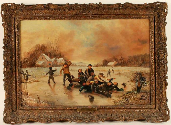 2000 - 19th Century Oil on Canvas , Titled ,Winter Frolics , dated 1874