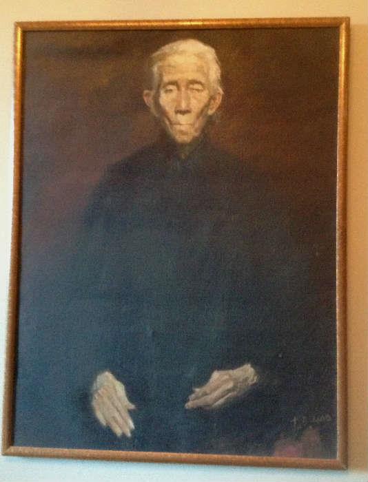 1196 - Oil on canvas of old Asian man in black robe