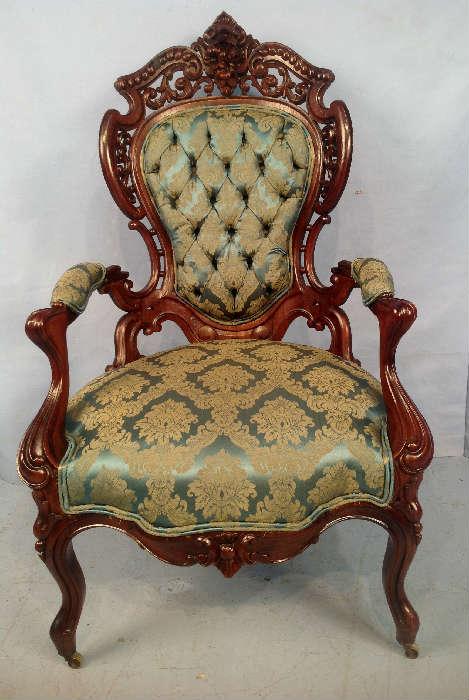 2016 - Rosewood laminated rocco parlor chair by Meeks, Stanton Hall pattern, ca. 1855, 45 in. T, 28 in W, 23 in. D.