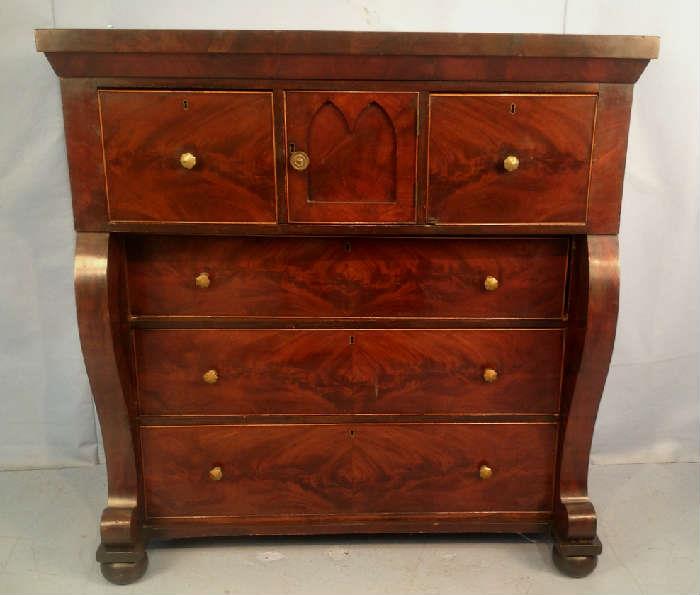 2020 - Period Empire five drawer chest with wig compartment and scroll front, 49 in. T, 49 in. w, 25 in. D.