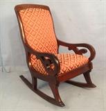2027 - Mahogany   gooseneck child's rocker with red upholstery, 28 in. T, 17 in. W, 13 in. D. ca. 1850