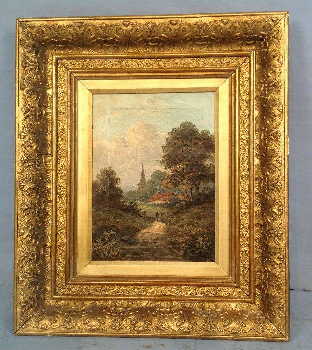 2028 - Oil on canvas of cottage house in gold frame, 21 x 18