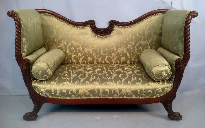 2030 - Mahogany Empire heavy Federal love seat with acanthus carving, 38 in. T, 59 in. W, 25 in. D.