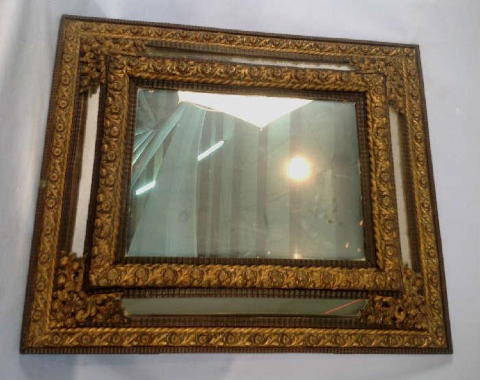 2039 - Very  heavy double plateau hanging mirror ornate gold, 31 x 27.