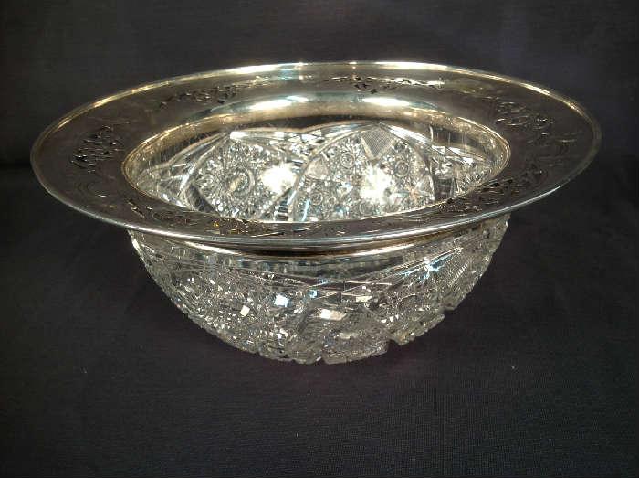 2040- Brilliant cut glass bowl with wide sterling rim, 5 in. T, 12 in. dia.