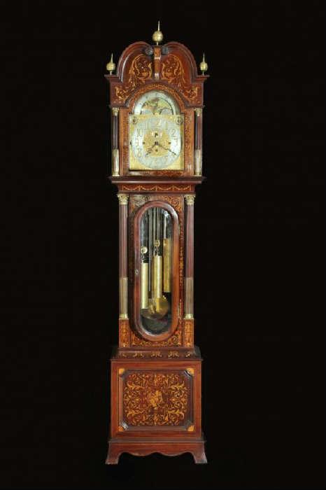 2043 - Magnificent TIFFANY marquetry inlaid Grandfather Clock in Original finish with a 9 tube, Elliott movement.   H. 8 ft. 7 in. , W. 2 ft.