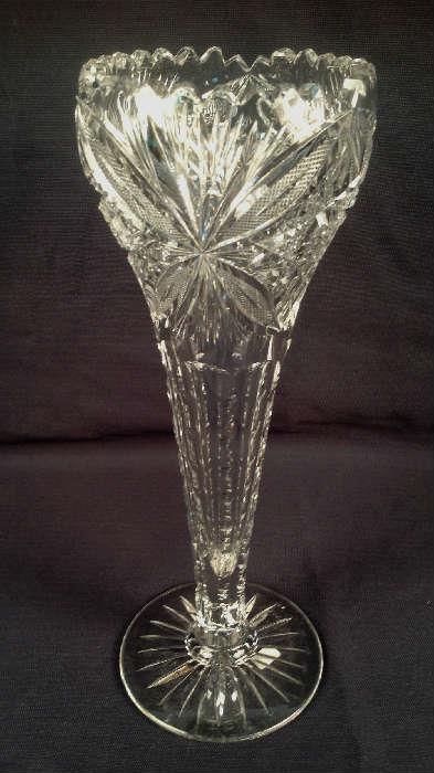 2042 - Brilliant cut  glass trumpet  vase, 12 in. T.4 in. Dia.